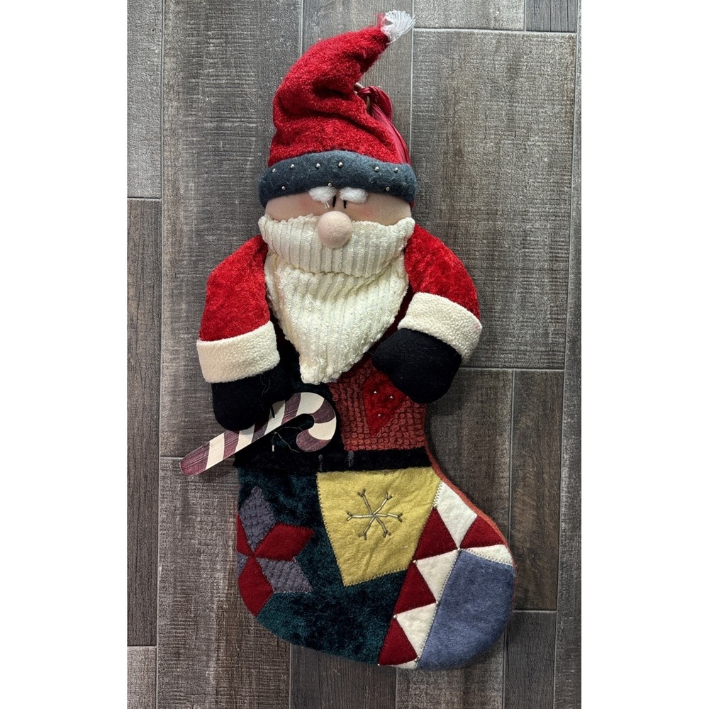 Vintage Santa Claus Christmas Stocking Plush Patchwork Felt Decor 26" - Picture 2 of 10